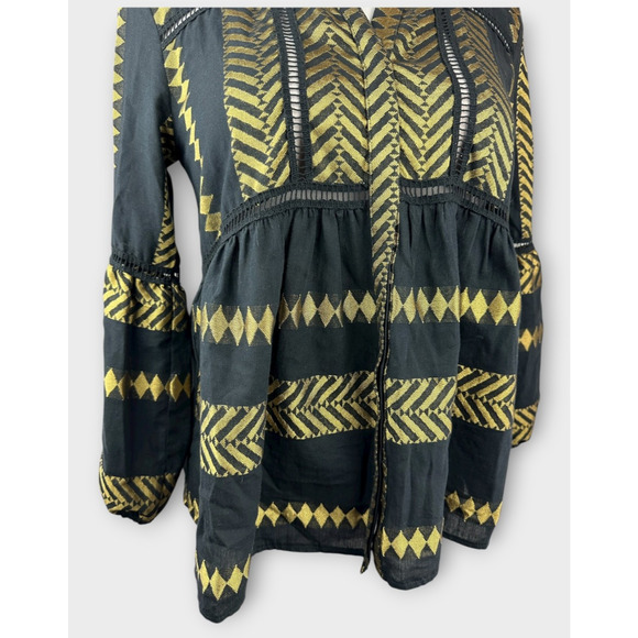 Kasia Blouse Black & Gold Balloon Sleeve Boho Geometric Babydoll Top Size Small - Picture 6 of 13